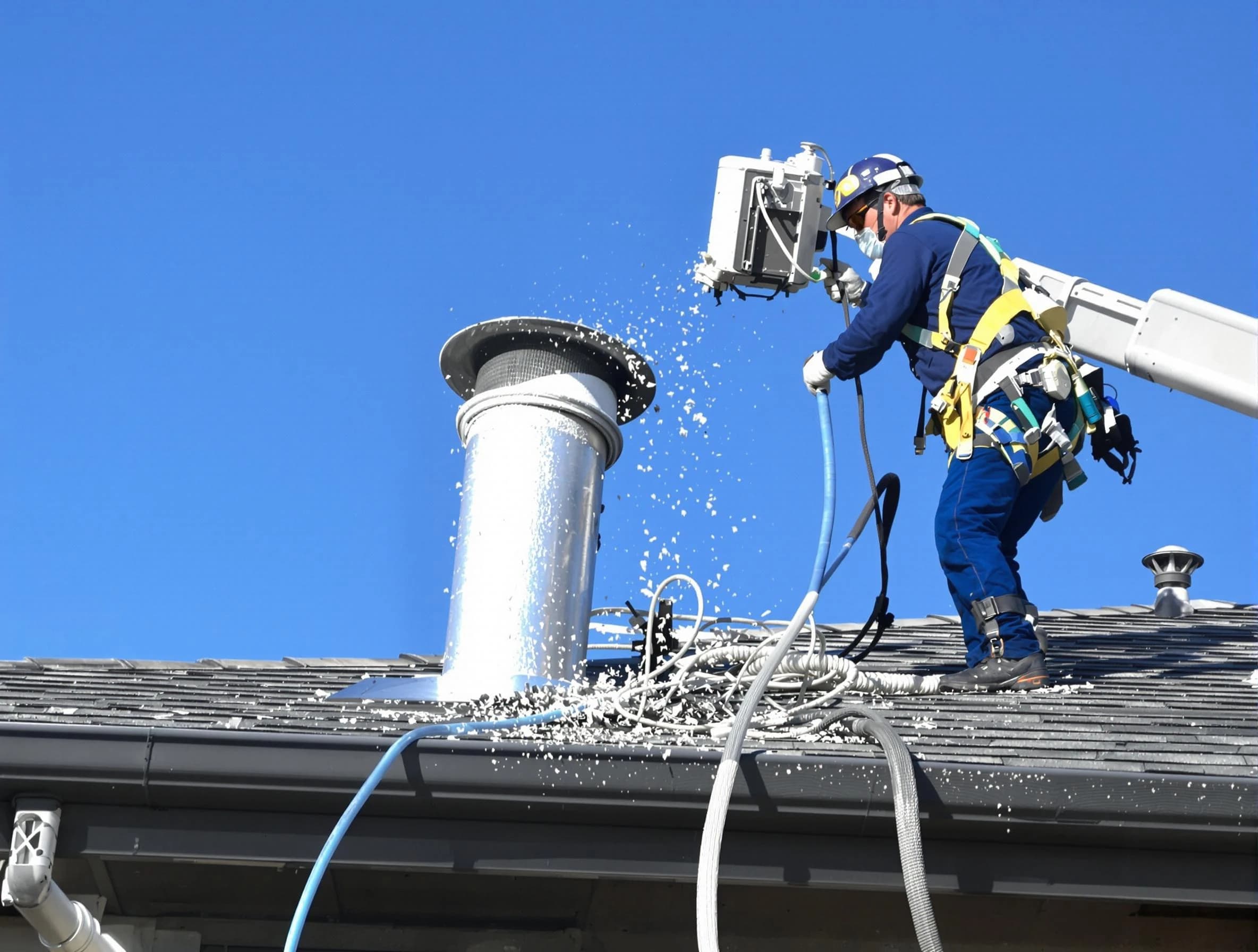 Lynn Dryer Vent Cleaning certified technician safely cleaning a roof-mounted dryer vent in Lynn