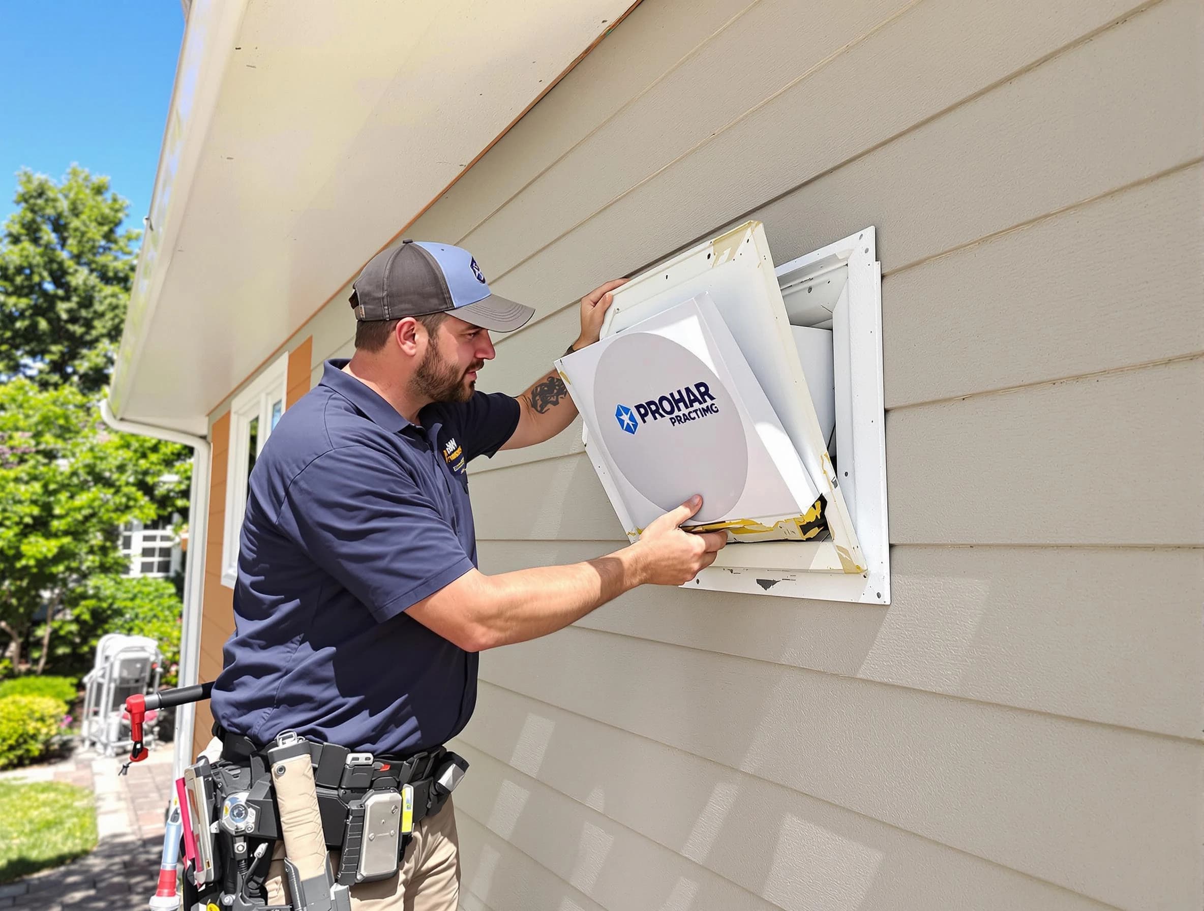 Lynn Dryer Vent Cleaning technician installing a new protective dryer vent cover on a home in Lynn