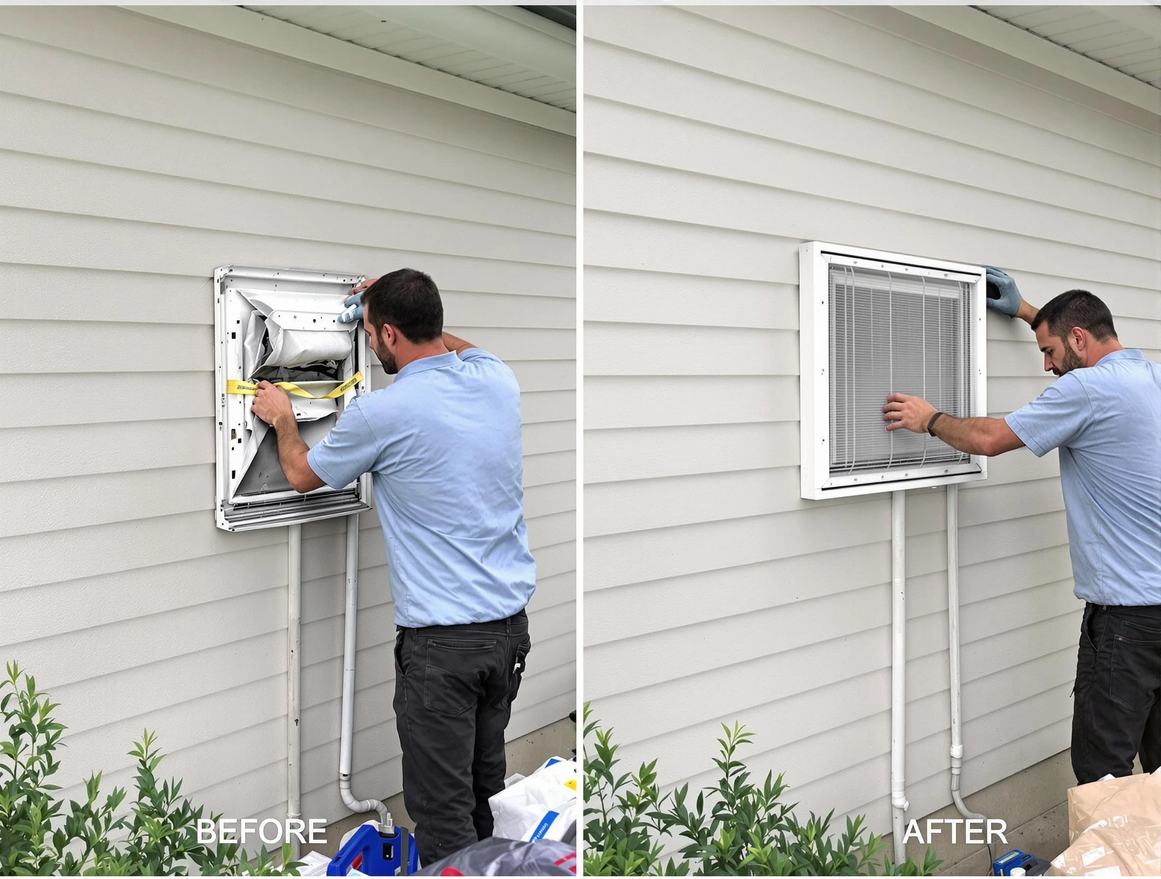 Lynn Dryer Vent Cleaning technician installing high-quality dryer vent cover at a residential property in Lynn